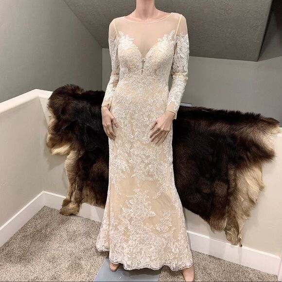 Custom Long Sleeves Embroidered Floral Lace With Sequins and Crystal Beads Gown - Picture 1 of 16